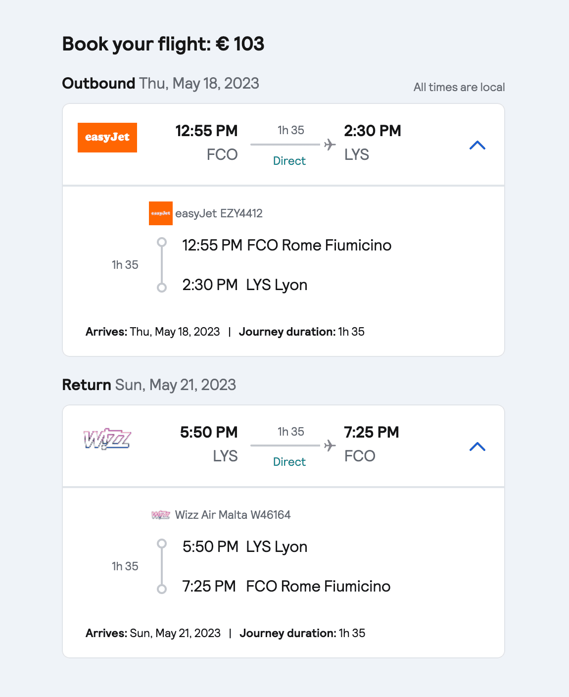 Screenshot of the same Lyon flight showing a price increase to € 103 the next morning.