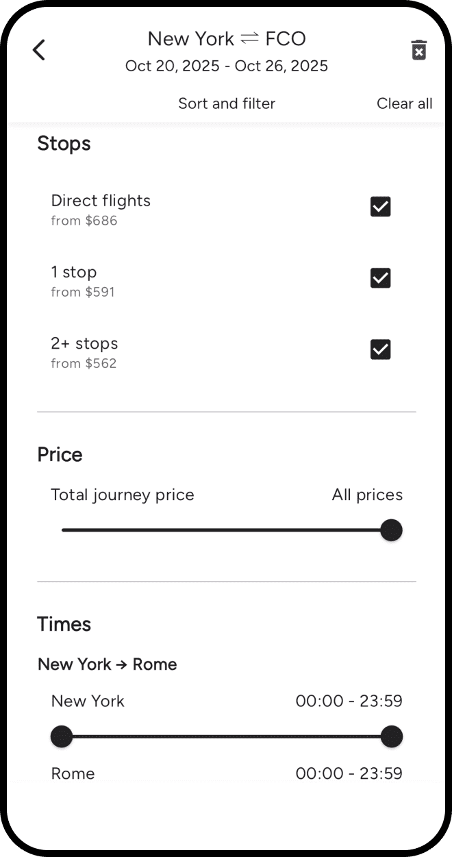 Specify your trip parameters and travel preferences using precise filters: stops, times, duration, and maximum price!