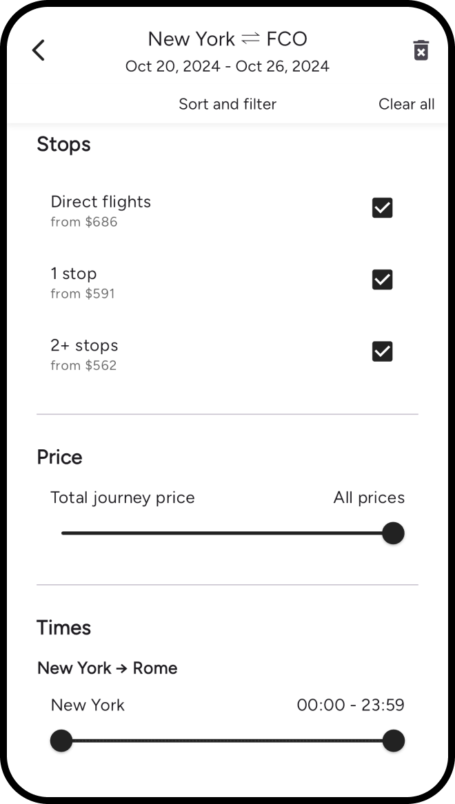 Specify your trip parameters and travel preferences using precise filters: stops, times, duration, and maximum price!